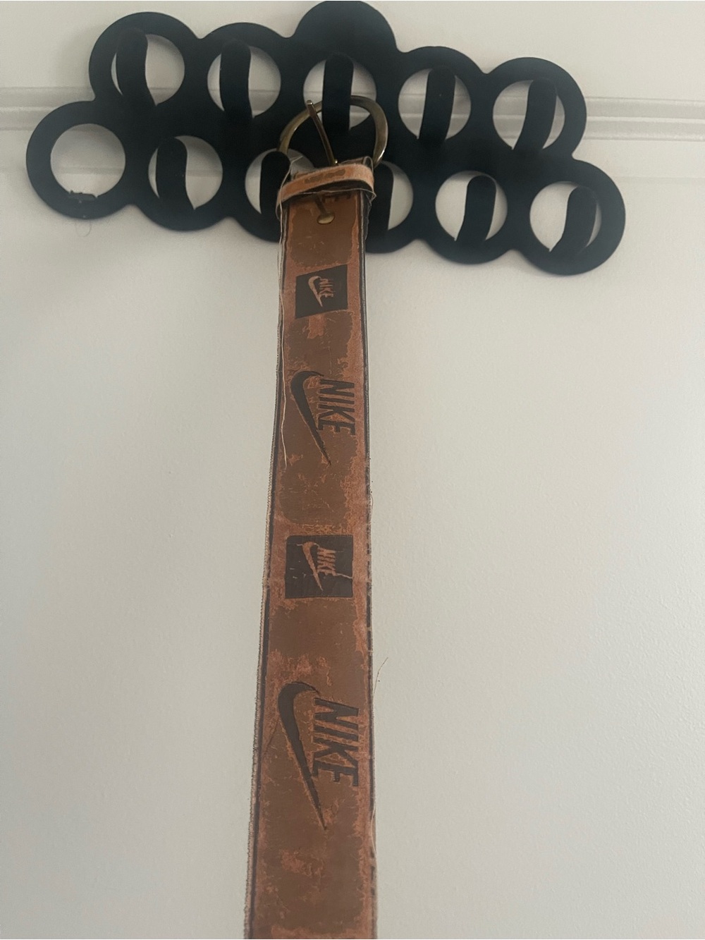 Vintage Nike Brown Leather Logo Strap Belt with Brass Buckle